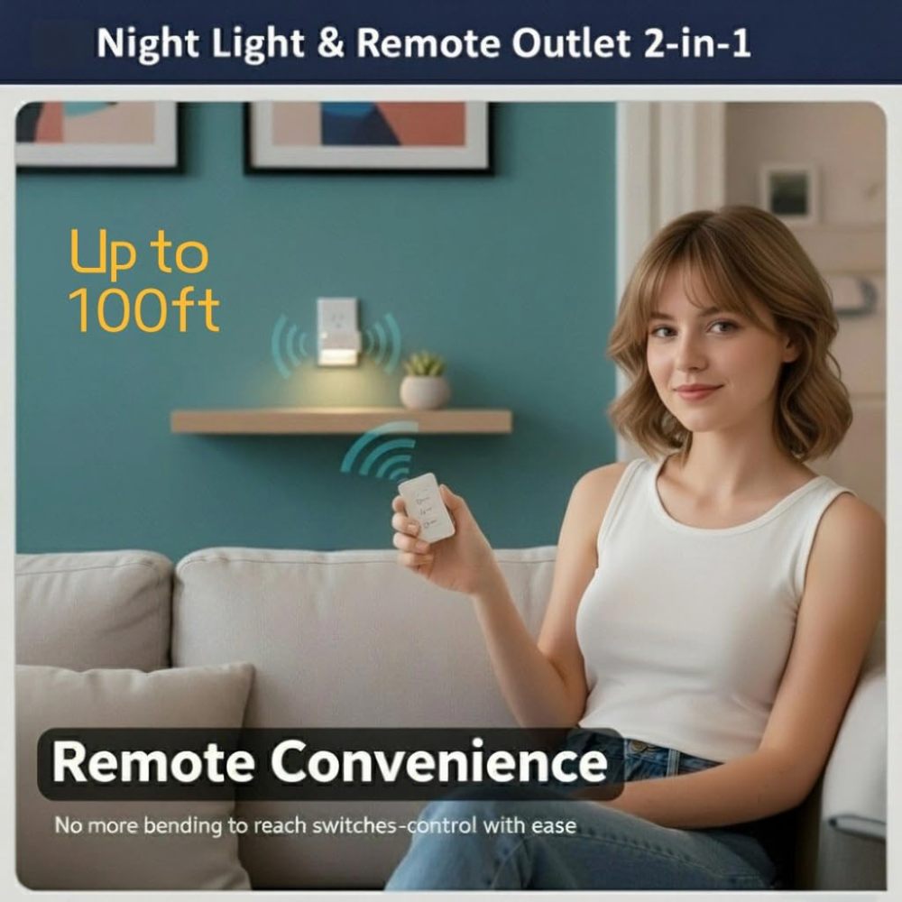 2-in-1 Remote Control Outlet with Night Light, Timer & Dimmable, 100ft Range, No WiFi Needed, Wall Switch for Bedroom, Hallway, Small Appliances