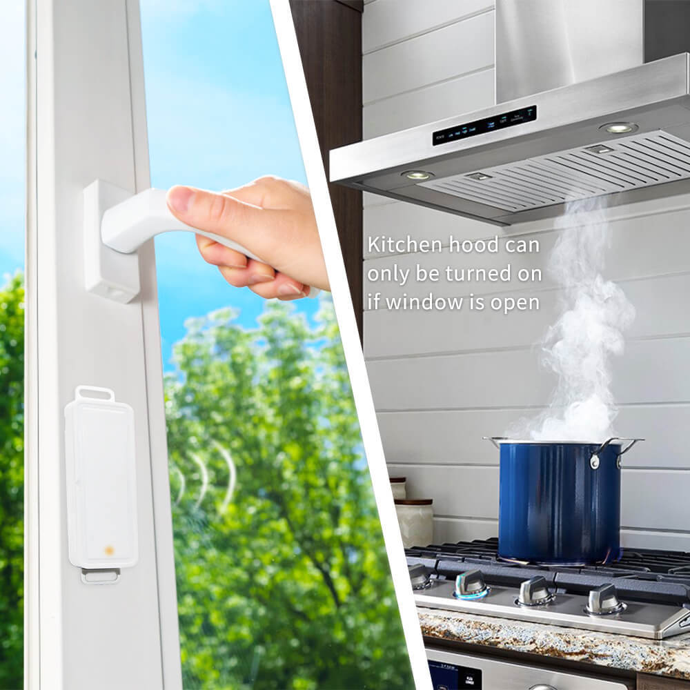Wireless exhaust air control with magnetic window contact and radio-controlled socket for extractor hood, chimney window switch, wireless control