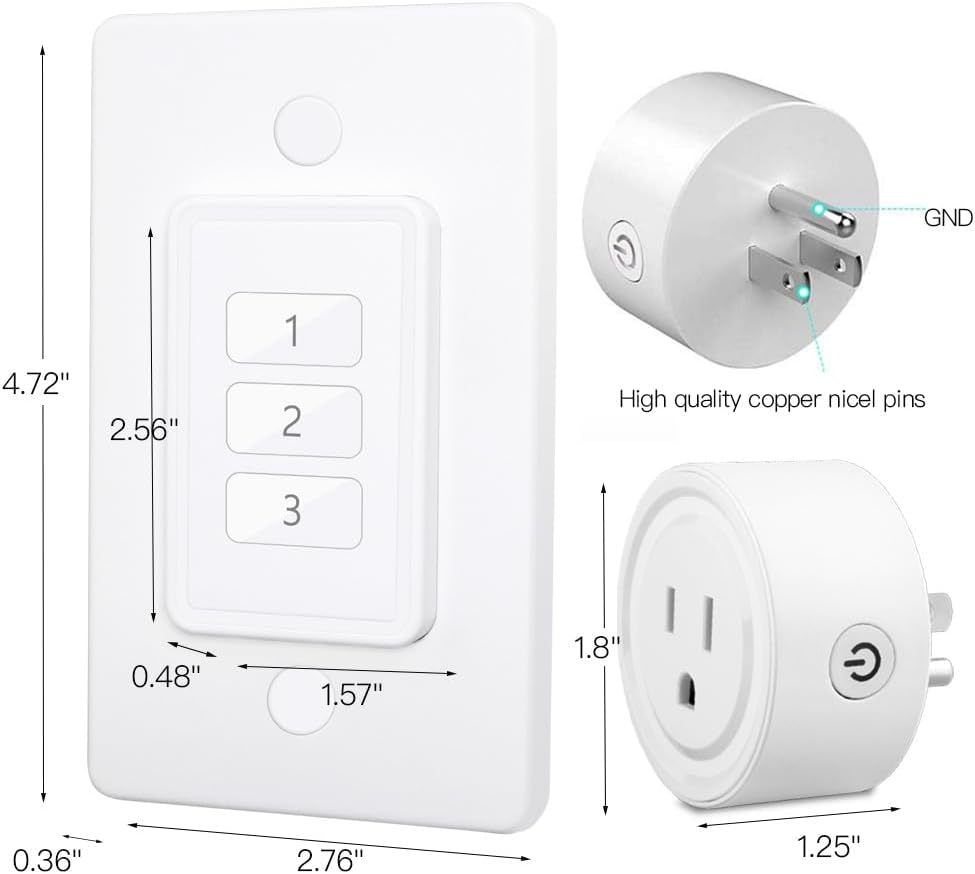 LoraTap Mini Wireless Remote Control Outlet Plug Adapter (3 Pack) with Remote, 3 Channel Wall Switch, No Hub Required, 10A/1100W, White