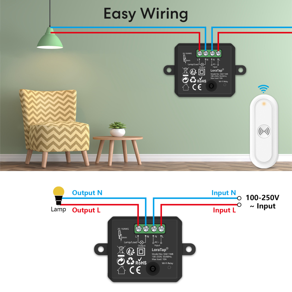 LoraTap Tuya Smart Life Wireless Light Relay Module with 1 Button Remote Control Timer Work with Google Assistant and Alexa