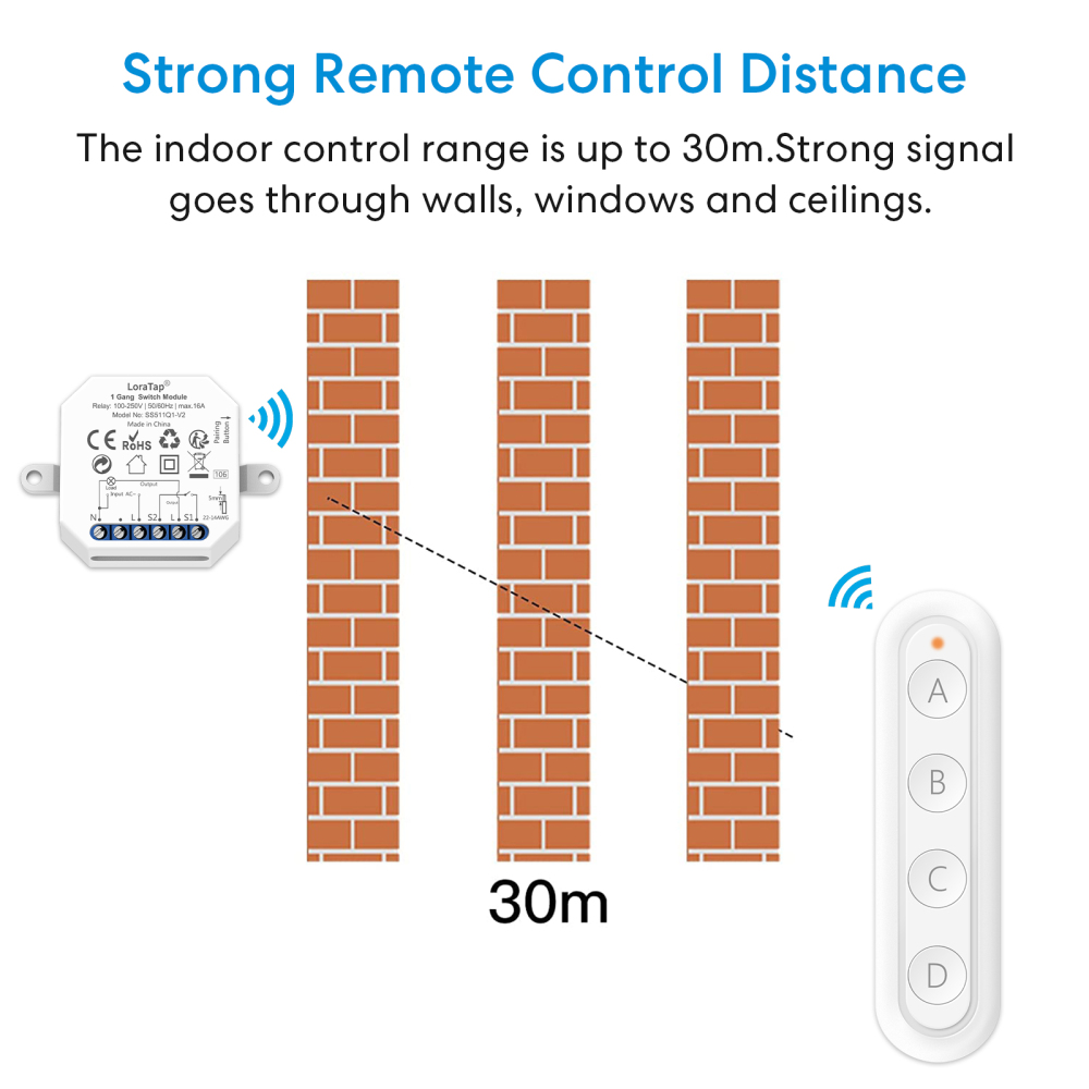 LoraTap Wireless RF 433Mhz 16A Two-ways Control Switch Relay Module With 4 Gang Remote Kit Compatible Multiple Wall Switches