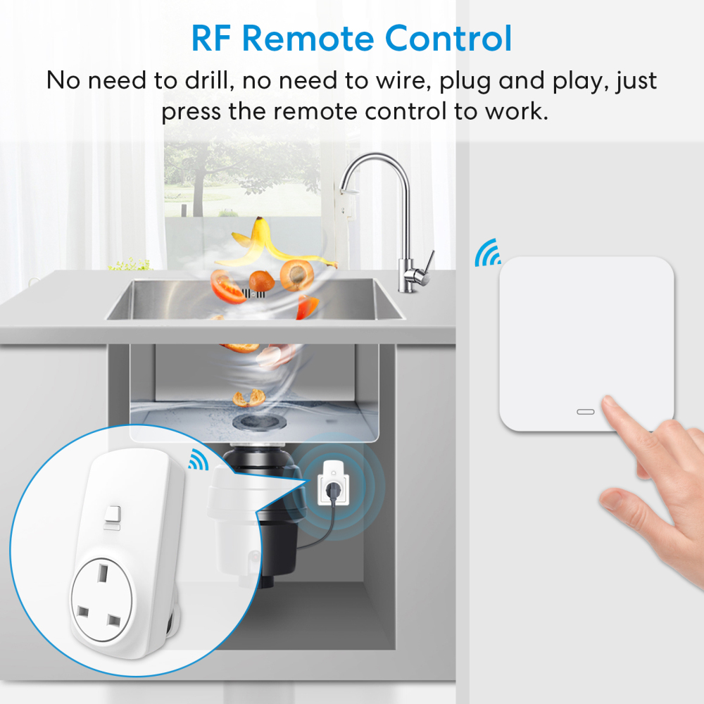 LoraTap Wireless 16A RF UK SA Standard Plug Socket with Waterproof Kinetic Switch For Food Waste Grinder Disposer, Fan, Oven