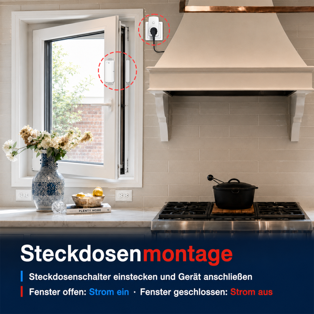 LoraTap Funk-Abluftsteuerung für Dunstabzugshaube mit kompaktem Fenstersensor