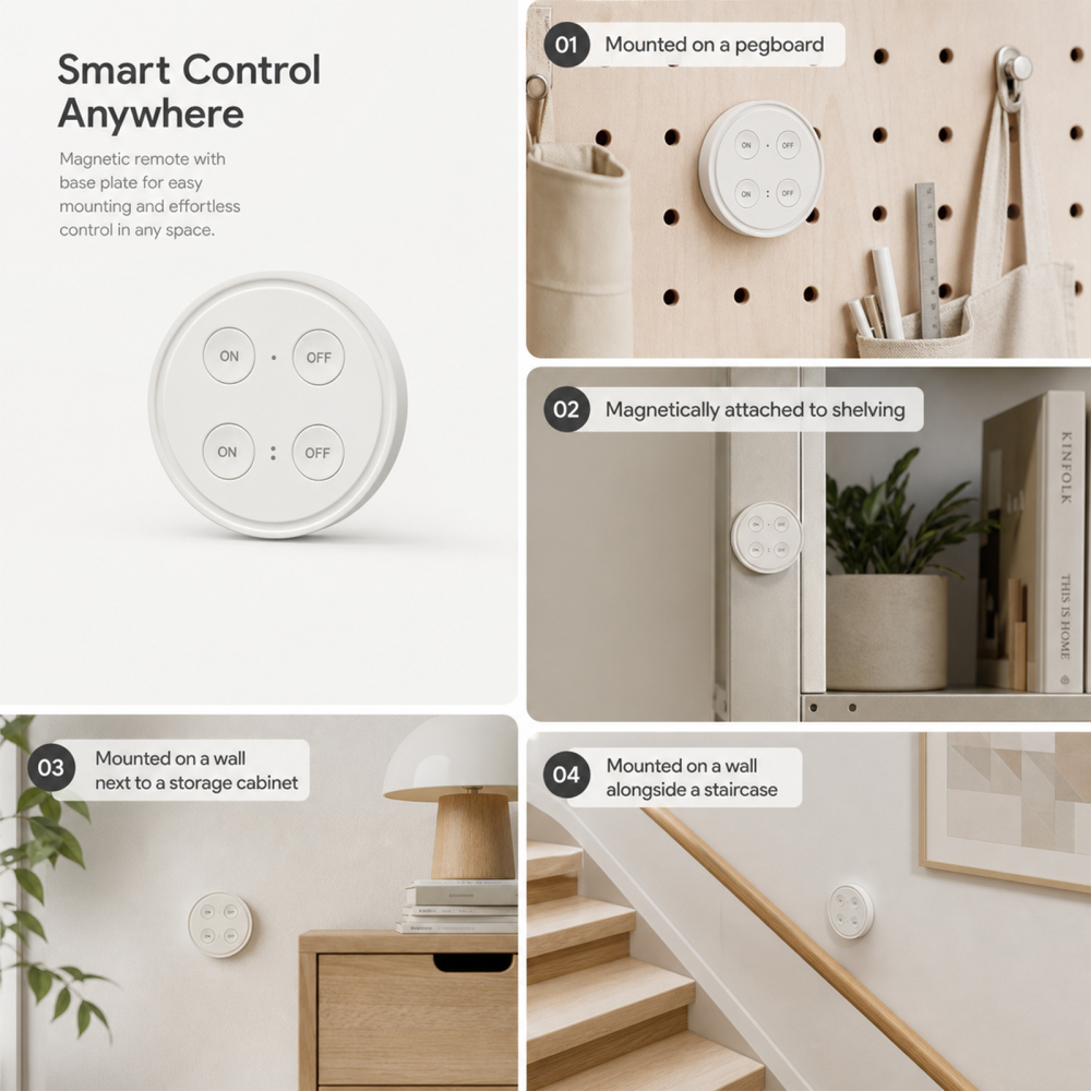 LoraTap Wireless Outlet (2 Pack) - Ergonomic Round Remote (Comfort Grip!) + Magnetic Wall Base - Stick & Grab, No Wall Damage - 15A/1875W 100ft Range - Control for Hard-to-Reach Sockets
