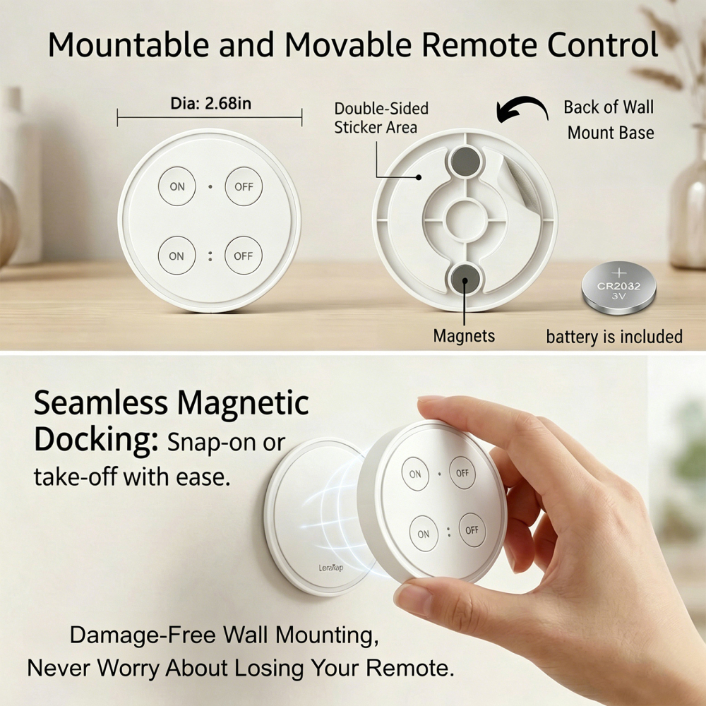 LoraTap Wireless Outlet (2 Pack) - Ergonomic Round Remote (Comfort Grip!) + Magnetic Wall Base - Stick & Grab, No Wall Damage - 15A/1875W 100ft Range - Control for Hard-to-Reach Sockets