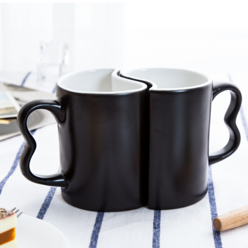 Heat transfer color-changing couple mugs in black, red, and blue (photomaster)