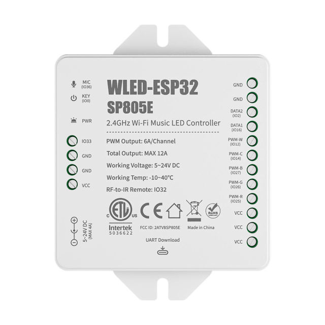 ESP32 WLED SP805E WiFi LED Controller with Mic - USB-C UART, 2x SPI & 5x PWM Outputs for WS2812B SK6812 RGBIC Strip, DIY Music Sync Dynamic Lighting,Whymelighting – Pro LED Strips & Diffused Blocks, Factory Direct,ESP32 WLED SP805E WiFi LED Controller with Mic - USB-C UART, 2x SPI & 5x PWM Outputs for WS2812B SK6812 RGBIC Strip, DIY Music Sync Dynamic Lighting