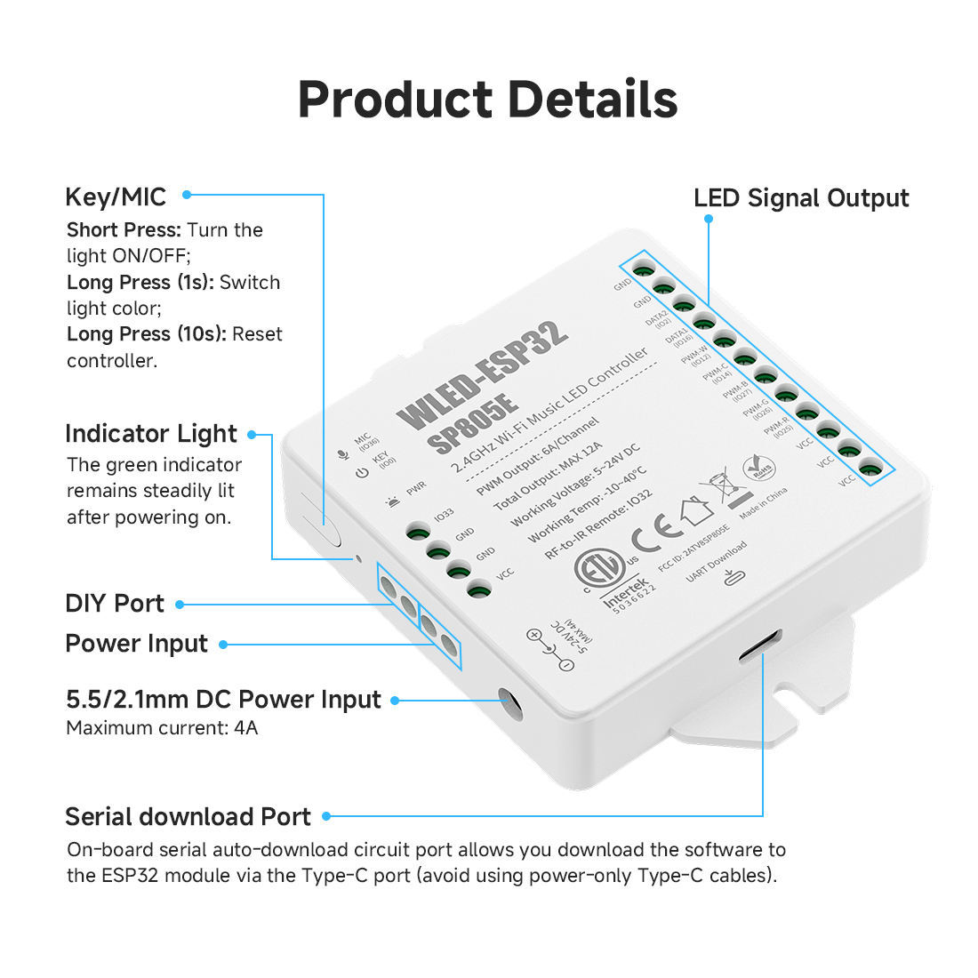 ESP32 WLED SP805E WiFi LED Controller with Mic - USB-C UART, 2x SPI & 5x PWM Outputs for WS2812B SK6812 RGBIC Strip, DIY Music Sync Dynamic Lighting,Whymelighting – Pro LED Strips & Diffused Blocks, Factory Direct,ESP32 WLED SP805E WiFi LED Controller with Mic - USB-C UART, 2x SPI & 5x PWM Outputs for WS2812B SK6812 RGBIC Strip, DIY Music Sync Dynamic Lighting