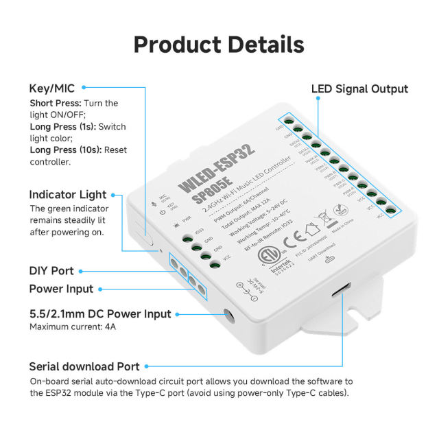 ESP32 WLED SP805E WiFi LED Controller with Mic - USB-C UART, 2x SPI & 5x PWM Outputs for WS2812B SK6812 RGBIC Strip, DIY Music Sync Dynamic Lighting,Whymelighting – Pro LED Strips & Diffused Blocks, Factory Direct,ESP32 WLED SP805E WiFi LED Controller with Mic - USB-C UART, 2x SPI & 5x PWM Outputs for WS2812B SK6812 RGBIC Strip, DIY Music Sync Dynamic Lighting