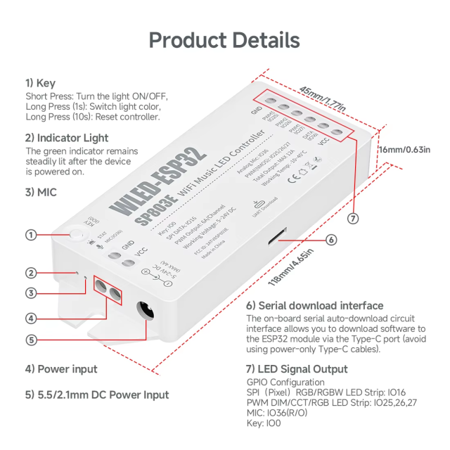 SP803E ESP32 WLED Music Sync LED Controller DC5-24V WiFi Wireless Smart Controller for WS2812B SK6812 RGB RGBW Pixel Strip Lights,Whymelighting – Pro LED Strips & Diffused Blocks, Factory Direct,SP803E ESP32 WLED Music Sync LED Controller DC5-24V WiFi Wireless Smart Controller for WS2812B SK6812 RGB RGBW Pixel Strip Lights