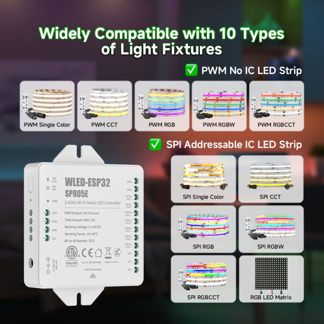 ESP32 WLED SP805E WiFi LED Controller with Mic - USB-C UART, 2x SPI & 5x PWM Outputs for WS2812B SK6812 RGBIC Strip, DIY Music Sync Dynamic Lighting,Whymelighting – Pro LED Strips & Diffused Blocks, Factory Direct,ESP32 WLED SP805E WiFi LED Controller with Mic - USB-C UART, 2x SPI & 5x PWM Outputs for WS2812B SK6812 RGBIC Strip, DIY Music Sync Dynamic Lighting