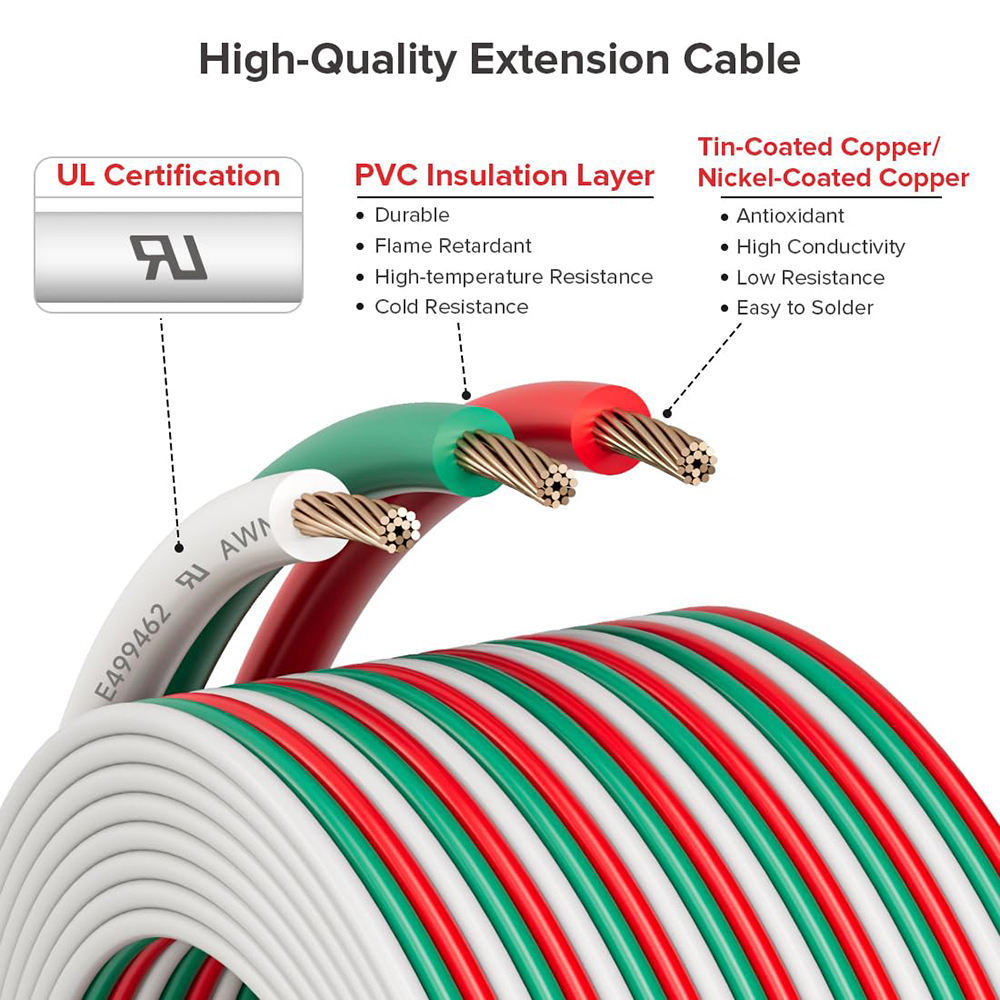 20AWG 3-Pin LED Extension Cable, 80°C 300V Tinned Copper Wire for WS2811 WS2812B LED Strip Lights, Red/Green/White Color Coded,Whymelighting – Pro LED Strips & Diffused Blocks, Factory Direct,20AWG 3-Pin LED Extension Cable, 80°C 300V Tinned Copper Wire for WS2811 WS2812B LED Strip Lights, Red/Green/White Color Coded