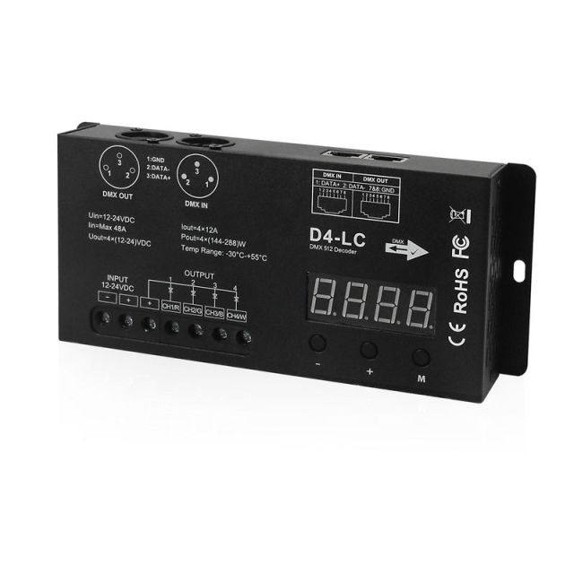 D4-LC DMX 512 Decoder 4-Channel LED Controller with Digital Display, 12-24V DC, 4x12A Output for RGBW LED Strip Lights,Whymelighting – Pro LED Strips & Diffused Blocks, Factory Direct,D4-LC DMX 512 Decoder 4-Channel LED Controller with Digital Display, 12-24V DC, 4x12A Output for RGBW LED Strip Lights