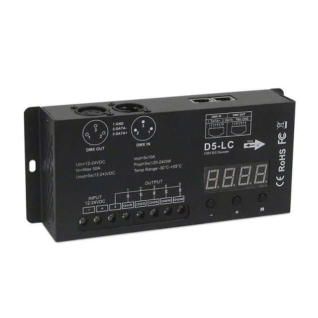 D5-LC DMX 512 Decoder 5-Channel LED Controller with Digital Display, 12-24V DC, 50A Max for RGBW/CCT Strip Lights,Whymelighting – Pro LED Strips & Diffused Blocks, Factory Direct,D5-LC DMX 512 Decoder 5-Channel LED Controller with Digital Display, 12-24V DC, 50A Max for RGBW/CCT Strip Lights
