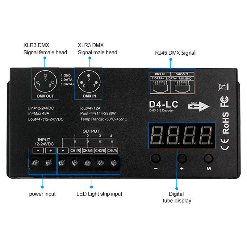 D4-LC DMX 512 Decoder 4-Channel LED Controller with Digital Display, 12-24V DC, 4x12A Output for RGBW LED Strip Lights,Whymelighting – Pro LED Strips & Diffused Blocks, Factory Direct,D4-LC DMX 512 Decoder 4-Channel LED Controller with Digital Display, 12-24V DC, 4x12A Output for RGBW LED Strip Lights