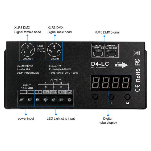 D4-LC DMX 512 Decoder 4-Channel LED Controller with Digital Display, 12-24V DC, 4x12A Output for RGBW LED Strip Lights,Whymelighting – Pro LED Strips & Diffused Blocks, Factory Direct,D4-LC DMX 512 Decoder 4-Channel LED Controller with Digital Display, 12-24V DC, 4x12A Output for RGBW LED Strip Lights