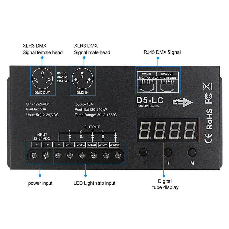 D5-LC DMX 512 Decoder 5-Channel LED Controller with Digital Display, 12-24V DC, 50A Max for RGBW/CCT Strip Lights,Whymelighting – Pro LED Strips & Diffused Blocks, Factory Direct,D5-LC DMX 512 Decoder 5-Channel LED Controller with Digital Display, 12-24V DC, 50A Max for RGBW/CCT Strip Lights