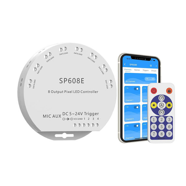 SP608E 8-Port SPI Pixel LED Controller with Built-in Mic & AUX, App/RF Remote Control, 5-24V for WS2812B SK6812 RGB IC COB LED Strips, 4800 Pixels Capacity,Whymelighting – Pro LED Strips & Diffused Blocks, Factory Direct,SP608E 8-Port SPI Pixel LED Controller with Built-in Mic & AUX, App/RF Remote Control, 5-24V for WS2812B SK6812 RGB IC COB LED Strips, 4800 Pixels Capacity