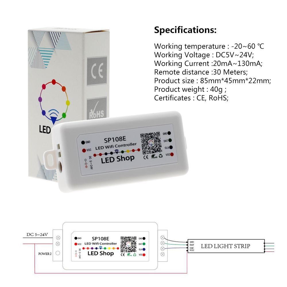 DC5-24V Smart WiFi Pixel LED Controller SP108E, App Control for Addressable RGB/RGBW LED Strip Lights, Compatible with WS2812B, SK6812, WS2811, APA102, DIY Lighting Project,Whymelighting – Pro LED Strips & Diffused Blocks, Factory Direct,DC5-24V Smart WiFi Pixel LED Controller SP108E, App Control for Addressable RGB/RGBW LED Strip Lights, Compatible with WS2812B, SK6812, WS2811, APA102, DIY Lighting Project