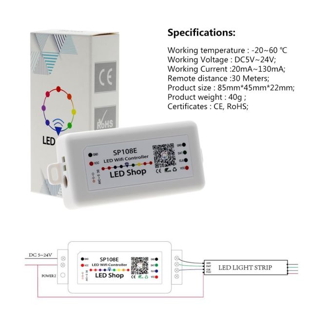 DC5-24V Smart WiFi Pixel LED Controller SP108E, App Control for Addressable RGB/RGBW LED Strip Lights, Compatible with WS2812B, SK6812, WS2811, APA102, DIY Lighting Project,Whymelighting – Pro LED Strips & Diffused Blocks, Factory Direct,DC5-24V Smart WiFi Pixel LED Controller SP108E, App Control for Addressable RGB/RGBW LED Strip Lights, Compatible with WS2812B, SK6812, WS2811, APA102, DIY Lighting Project