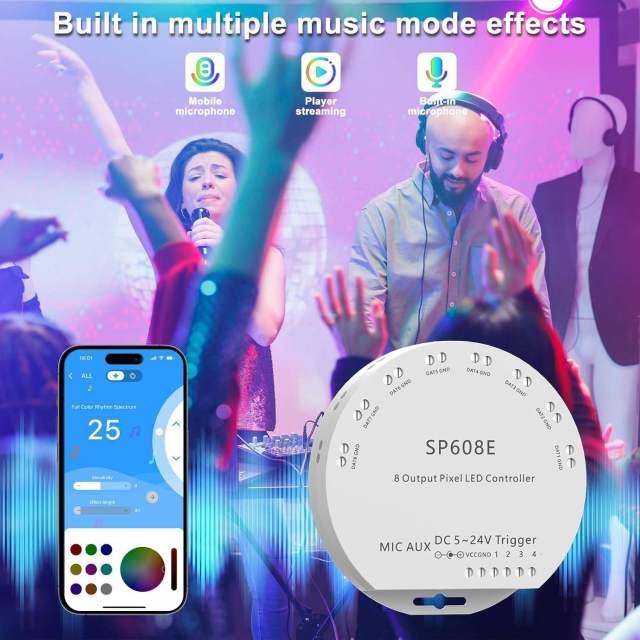 SP608E 8-Port SPI Pixel LED Controller with Built-in Mic & AUX, App/RF Remote Control, 5-24V for WS2812B SK6812 RGB IC COB LED Strips, 4800 Pixels Capacity,Whymelighting – Pro LED Strips & Diffused Blocks, Factory Direct,SP608E 8-Port SPI Pixel LED Controller with Built-in Mic & AUX, App/RF Remote Control, 5-24V for WS2812B SK6812 RGB IC COB LED Strips, 4800 Pixels Capacity