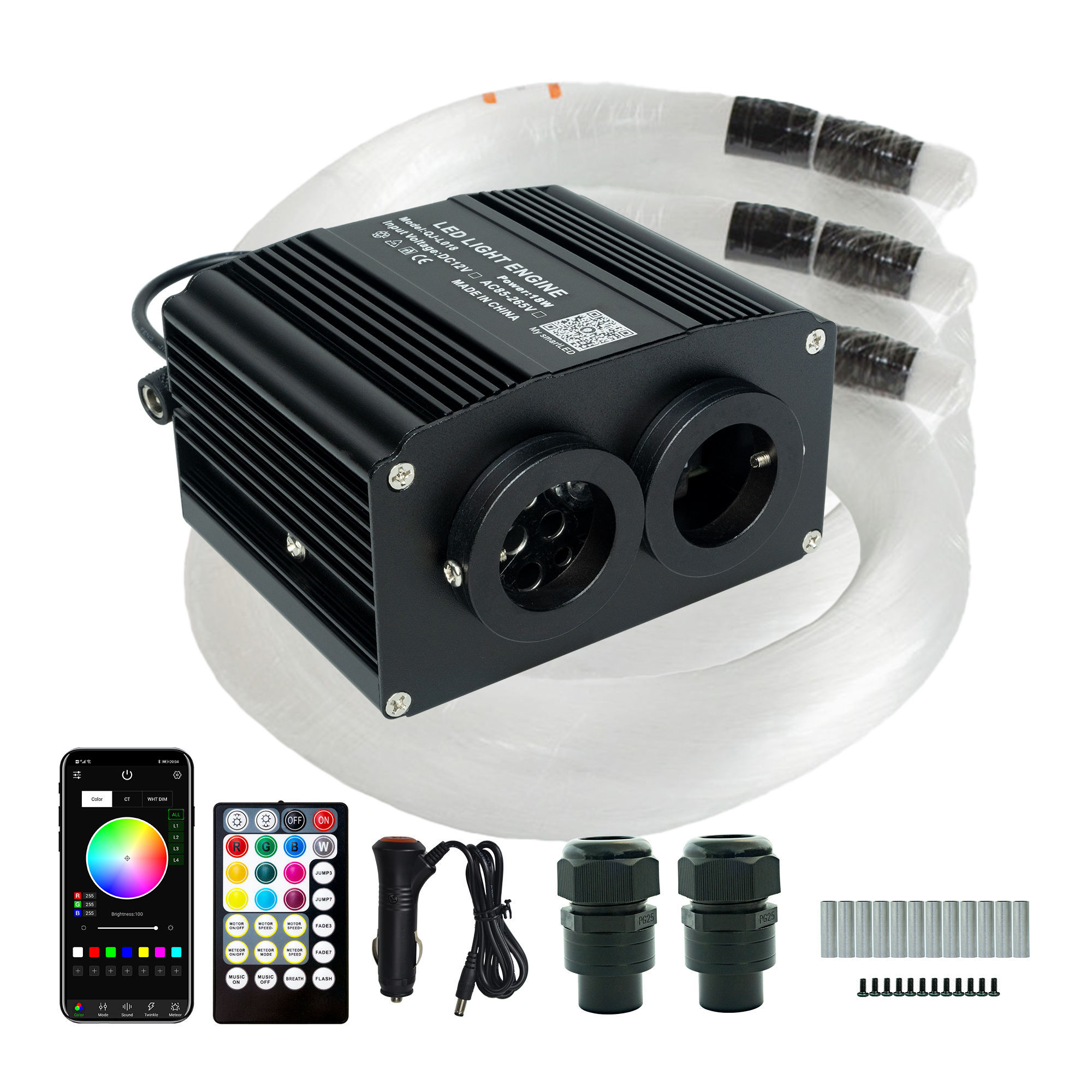 18W Dual-Port RGBW 2-in-1 Twinkle & Meteor Fiber Optic Starlight Kit with APP Control for Car & Home Decor,Whymelighting – Pro LED Strips & Diffused Blocks, Factory Direct,18W Dual-Port RGBW 2-in-1 Twinkle & Meteor Fiber Optic Starlight Kit with APP Control for Car & Home Decor