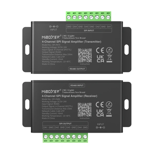 MiBOXER 4-Channel SPI Signal Amplifier & Long-Distance RS485 Receiver for Addressable LED Strips,Whymelighting – Pro LED Strips & Diffused Blocks, Factory Direct,MiBOXER 4-Channel SPI Signal Amplifier & Long-Distance RS485 Receiver for Addressable LED Strips