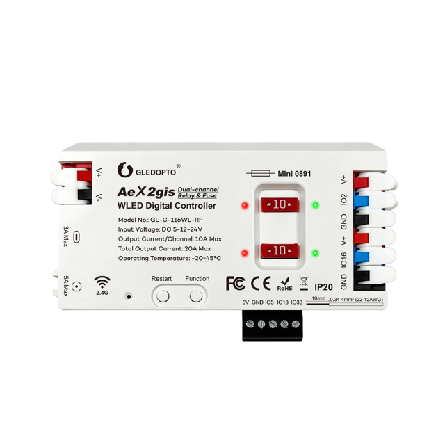 GLEDOPTO AeX2gis GL-C-116WL-RF Dual-Channel WLED Controller, 5V-24V SPI Addressable LED Strip Controller with Relay & Fuse, WiFi & 2.4G RF for WS2812B, SK6812, WS2815, TM1814 Programmable Lights,Whymelighting – Pro LED Strips & Diffused Blocks, Factory Direct,GLEDOPTO AeX2gis GL-C-116WL-RF Dual-Channel WLED Controller, 5V-24V SPI Addressable LED Strip Controller with Relay & Fuse, WiFi & 2.4G RF for WS2812B, SK6812, WS2815, TM1814 Programmable Lights