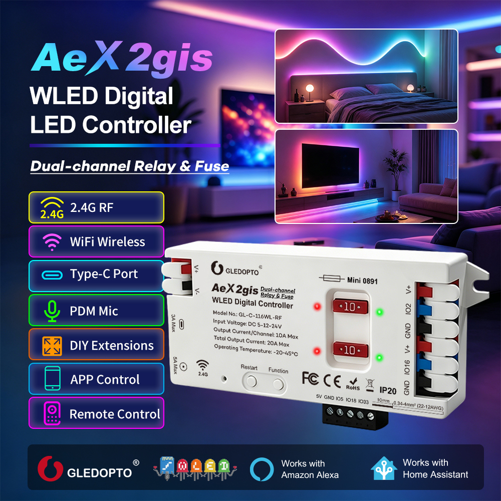 GLEDOPTO AeX2gis GL-C-116WL-RF Dual-Channel WLED Controller, 5V-24V SPI Addressable LED Strip Controller with Relay & Fuse, WiFi & 2.4G RF for WS2812B, SK6812, WS2815, TM1814 Programmable Lights,Whymelighting – Pro LED Strips & Diffused Blocks, Factory Direct,GLEDOPTO AeX2gis GL-C-116WL-RF Dual-Channel WLED Controller, 5V-24V SPI Addressable LED Strip Controller with Relay & Fuse, WiFi & 2.4G RF for WS2812B, SK6812, WS2815, TM1814 Programmable Lights