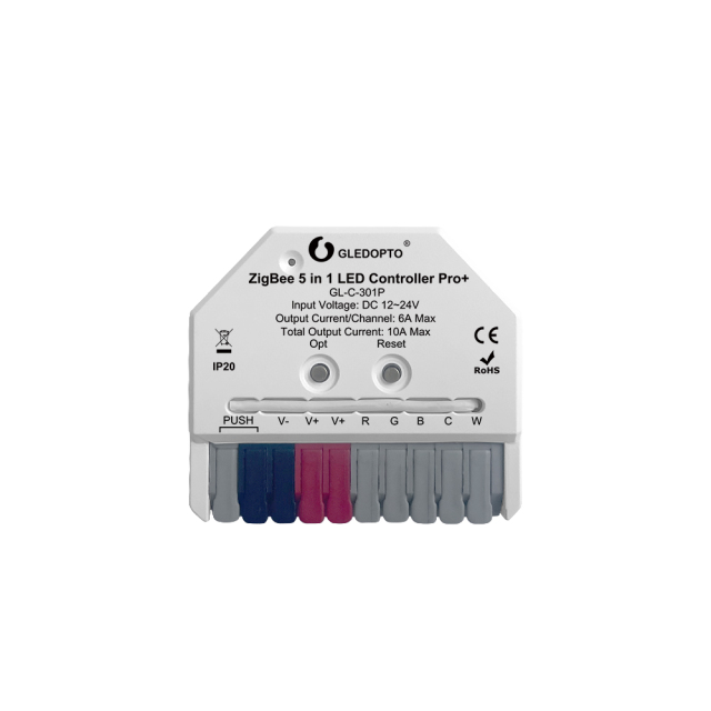 GLEDOPTO GL-C-301P ZigBee 3.0 Pro+ Ultra Mini 5-in-1 LED Controller, RGBCCT/RGBW/RGB/CCT/Dimmer, DC12–24V 10A, 42×38×17mm, 2.4G RF + Push Button, for Hue / Home Assistant / SmartThings / Zigbee2MQTT,Whymelighting – Pro LED Strips & Diffused Blocks, Factory Direct,GLEDOPTO GL-C-301P ZigBee 3.0 Pro+ Ultra Mini 5-in-1 LED Controller, RGBCCT/RGBW/RGB/CCT/Dimmer, DC12–24V 10A, 42×38×17mm, 2.4G RF + Push Button, for Hue / Home Assistant / SmartThings / Zigbee2MQTT