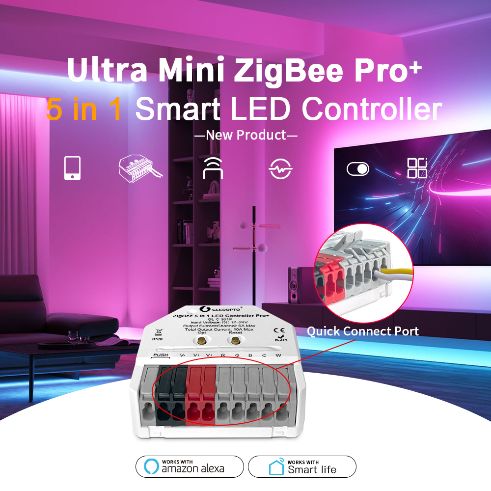 GLEDOPTO GL-C-301P ZigBee 3.0 Pro+ Ultra Mini 5-in-1 LED Controller, RGBCCT/RGBW/RGB/CCT/Dimmer, DC12–24V 10A, 42×38×17mm, 2.4G RF + Push Button, for Hue / Home Assistant / SmartThings / Zigbee2MQTT,Whymelighting – Pro LED Strips & Diffused Blocks, Factory Direct,GLEDOPTO GL-C-301P ZigBee 3.0 Pro+ Ultra Mini 5-in-1 LED Controller, RGBCCT/RGBW/RGB/CCT/Dimmer, DC12–24V 10A, 42×38×17mm, 2.4G RF + Push Button, for Hue / Home Assistant / SmartThings / Zigbee2MQTT