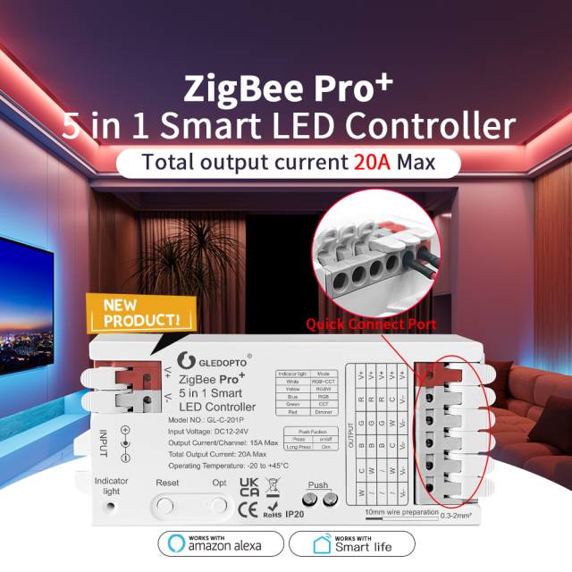 GLEDOPTO GL-C-201P ZigBee 3.0 Pro+ 5-in-1 PWM LED Controller, 20A Max RGBCCT/RGBW/RGB/CCT/Dimmer Strip Controller, DC12–24V, Quick-Connect, 2.4G RF, for Hue / Home Assistant / SmartThings / Zigbee2MQTT,Whymelighting – Pro LED Strips & Diffused Blocks, Factory Direct,GLEDOPTO GL-C-201P ZigBee 3.0 Pro+ 5-in-1 PWM LED Controller, 20A Max RGBCCT/RGBW/RGB/CCT/Dimmer Strip Controller, DC12–24V, Quick-Connect, 2.4G RF, for Hue / Home Assistant / SmartThings / Zigbee2MQTT