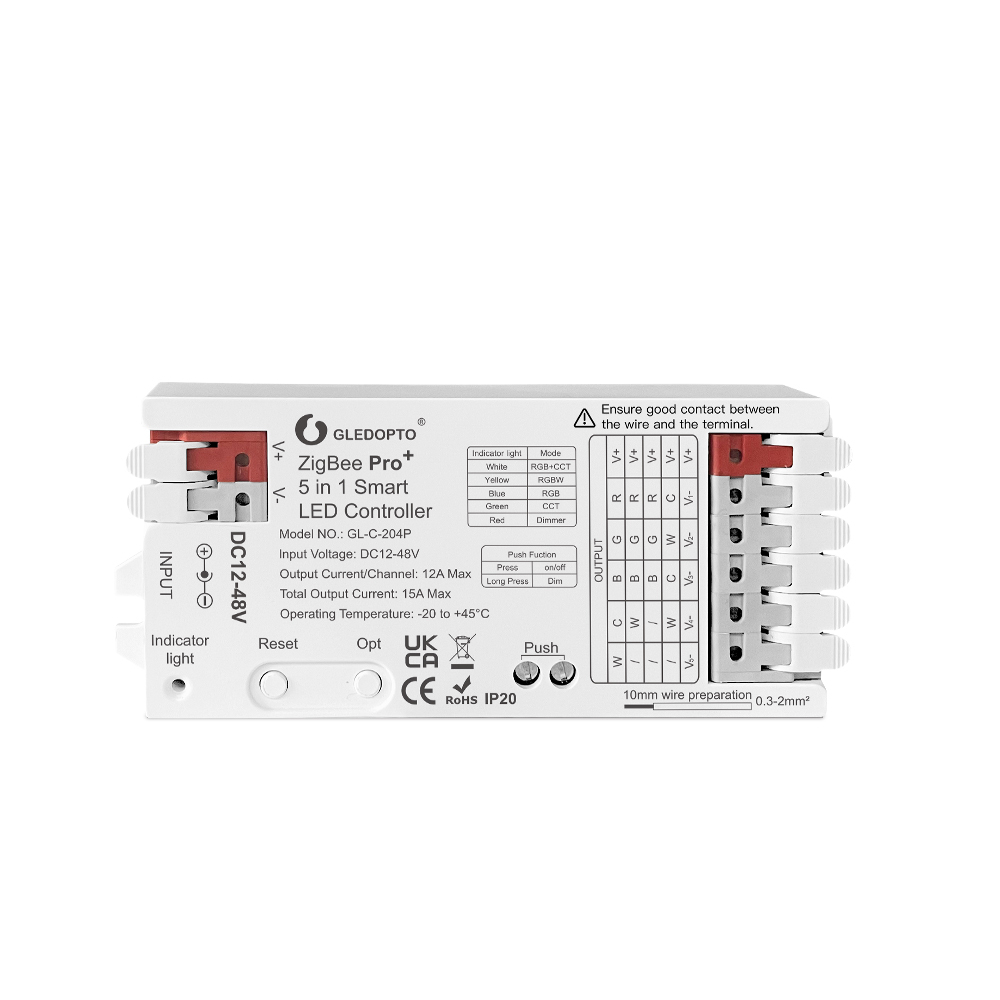 GLEDOPTO GL-C-204P ZigBee 3.0 Pro+ 5-in-1 PWM LED Controller, RGBCCT/RGBW/RGB/CCT/Dimmer, DC12–48V 15A Max, Quick-Connect, 2.4G RF + Push Button, for Hue / Home Assistant / SmartThings / Zigbee2MQTT,Whymelighting – Pro LED Strips & Diffused Blocks, Factory Direct,GLEDOPTO GL-C-204P ZigBee 3.0 Pro+ 5-in-1 PWM LED Controller, RGBCCT/RGBW/RGB/CCT/Dimmer, DC12–48V 15A Max, Quick-Connect, 2.4G RF + Push Button, for Hue / Home Assistant / SmartThings / Zigbee2MQTT