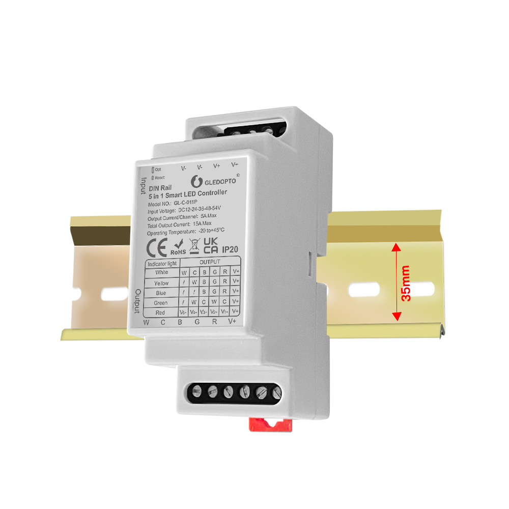 GLEDOPTO GL-C-011P ZigBee 3.0 DIN-Rail 5-in-1 LED Controller, RGBCCT/RGBW/RGB/CCT/Dimmer, DC12–54V 15A Max, 35mm Rail Mount, 2.4G RF, for Hue / Home Assistant / SmartThings / Tuya / Zigbee2MQTT,Whymelighting – Pro LED Strips & Diffused Blocks, Factory Direct,GLEDOPTO GL-C-011P ZigBee 3.0 DIN-Rail 5-in-1 LED Controller, RGBCCT/RGBW/RGB/CCT/Dimmer, DC12–54V 15A Max, 35mm Rail Mount, 2.4G RF, for Hue / Home Assistant / SmartThings / Tuya / Zigbee2MQTT