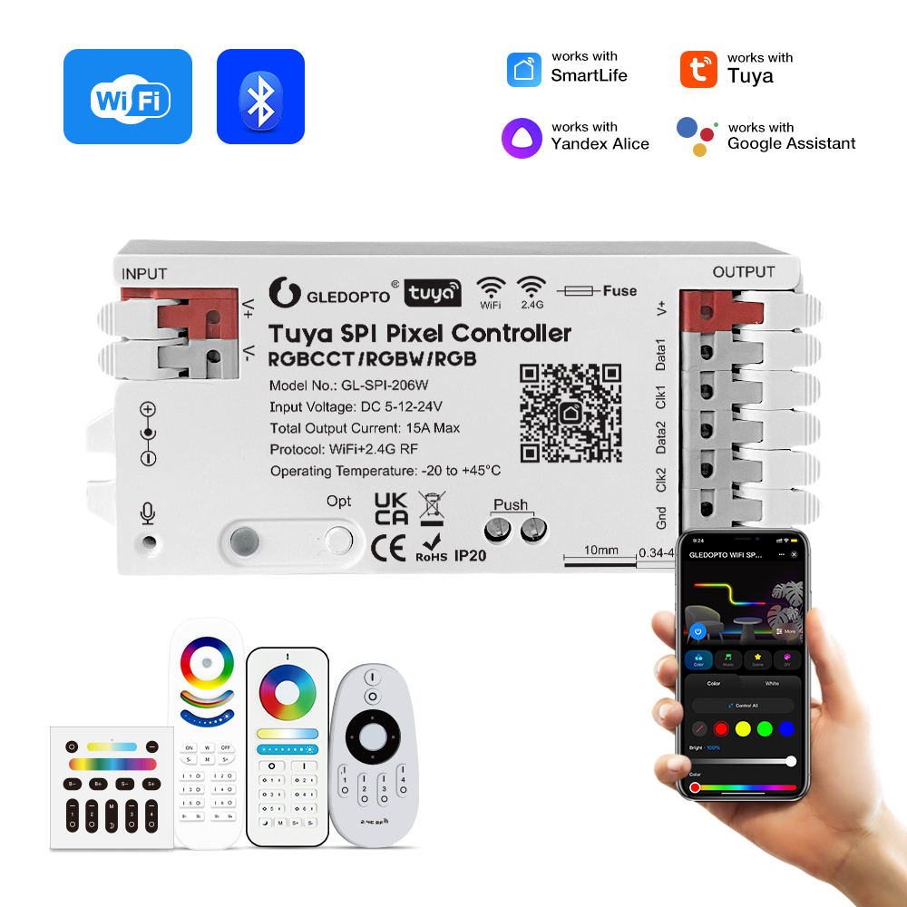 GLEDOPTO GL-SPI-206W Tuya WiFi SPI Pixel LED Controller, DC5–24V 15A Dual SPI Output, App Control for WS2812 SK6812 WS2815 SK9822 WS2805 RGBCCT Addressable LED Strip,Whymelighting – Pro LED Strips & Diffused Blocks, Factory Direct,GLEDOPTO GL-SPI-206W Tuya WiFi SPI Pixel LED Controller, DC5–24V 15A Dual SPI Output, App Control for WS2812 SK6812 WS2815 SK9822 WS2805 RGBCCT Addressable LED Strip