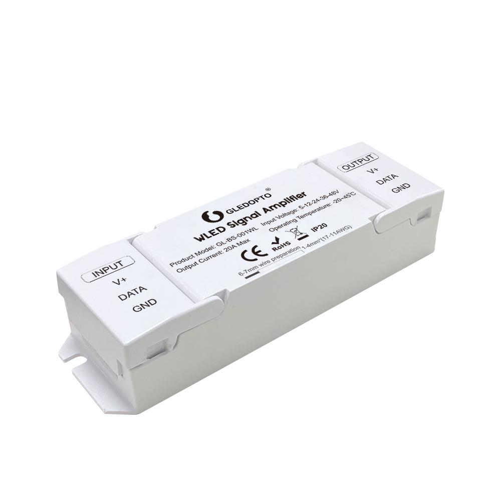 GLEDOPTO GL-BS-001WL WLED Signal Amplifier, Digital LED Data Booster for WS2812B SK6812 WS2815 WS2811, DC5–48V 20A, 33Ω/249Ω Selectable, Extend Addressable LED Strip Signal up to 10m,Whymelighting – Pro LED Strips & Diffused Blocks, Factory Direct,GLEDOPTO GL-BS-001WL WLED Signal Amplifier, Digital LED Data Booster for WS2812B SK6812 WS2815 WS2811, DC5–48V 20A, 33Ω/249Ω Selectable, Extend Addressable LED Strip Signal up to 10m
