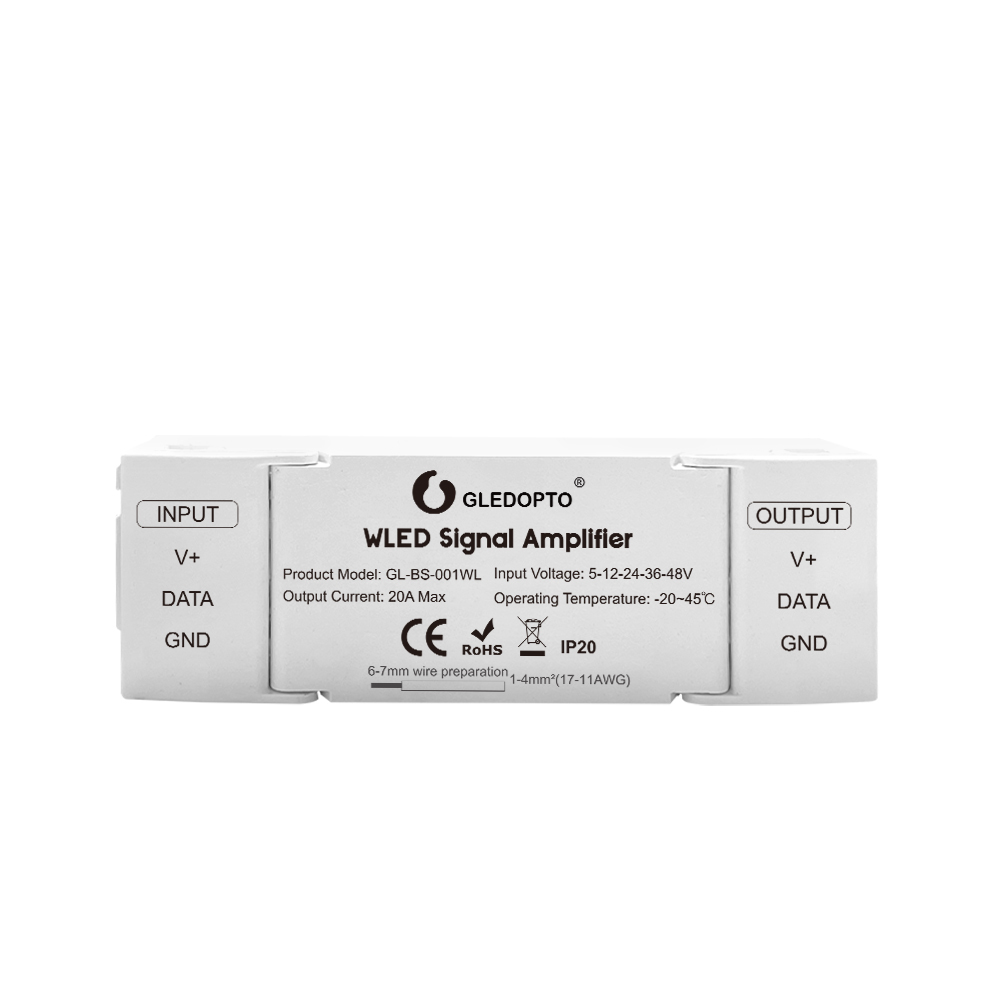 GLEDOPTO GL-BS-001WL WLED Signal Amplifier, Digital LED Data Booster for WS2812B SK6812 WS2815 WS2811, DC5–48V 20A, 33Ω/249Ω Selectable, Extend Addressable LED Strip Signal up to 10m,Whymelighting – Pro LED Strips & Diffused Blocks, Factory Direct,GLEDOPTO GL-BS-001WL WLED Signal Amplifier, Digital LED Data Booster for WS2812B SK6812 WS2815 WS2811, DC5–48V 20A, 33Ω/249Ω Selectable, Extend Addressable LED Strip Signal up to 10m