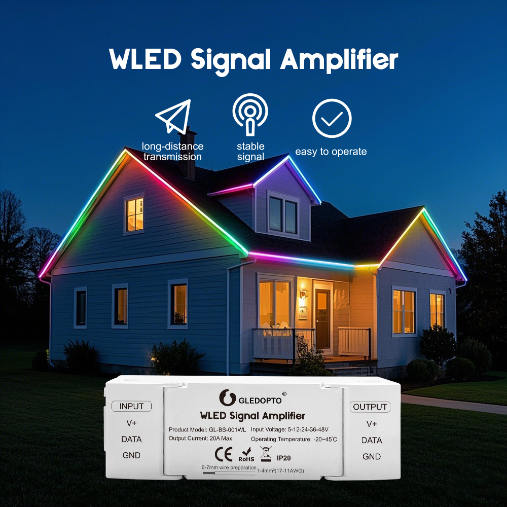 GLEDOPTO GL-BS-001WL WLED Signal Amplifier, Digital LED Data Booster for WS2812B SK6812 WS2815 WS2811, DC5–48V 20A, 33Ω/249Ω Selectable, Extend Addressable LED Strip Signal up to 10m,Whymelighting – Pro LED Strips & Diffused Blocks, Factory Direct,GLEDOPTO GL-BS-001WL WLED Signal Amplifier, Digital LED Data Booster for WS2812B SK6812 WS2815 WS2811, DC5–48V 20A, 33Ω/249Ω Selectable, Extend Addressable LED Strip Signal up to 10m