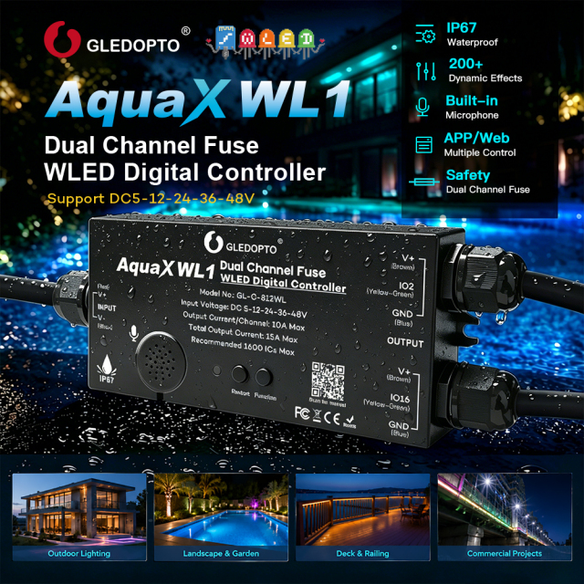 GLEDOPTO GL-C-812WL AquaX WL1 Dual Channel WLED Digital Controller, IP67 Waterproof ESP32 Addressable LED Controller, DC5–48V 15A Fuse + Relay + Mic, WiFi + ESP-NOW for WS2812B SK6812 WS2815 TM1814 Pixel LED Strip,Whymelighting – Pro LED Strips & Diffused Blocks, Factory Direct,GLEDOPTO GL-C-812WL AquaX WL1 Dual Channel WLED Digital Controller, IP67 Waterproof ESP32 Addressable LED Controller, DC5–48V 15A Fuse + Relay + Mic, WiFi + ESP-NOW for WS2812B SK6812 WS2815 TM1814 Pixel LED Strip