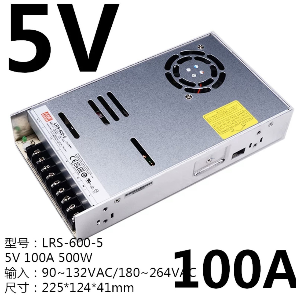 Mean Well LRS-600-5 500W 5V 100A Single Output Enclosed Switching Power Supply, 41mm 1U Low Profile, Switch-Selectable AC Input, Built-in Thermostatic DC Fan, Industrial / LED Grade,Whymelighting – Pro LED Strips & Diffused Blocks, Factory Direct,Mean Well LRS-600-5 500W 5V 100A Single Output Enclosed Switching Power Supply, 41mm 1U Low Profile, Switch-Selectable AC Input, Built-in Thermostatic DC Fan, Industrial / LED Grade