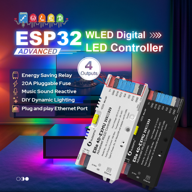 GLEDOPTO GL-C-618WL Elite 4D-EXMU Advanced WLED Controller, ESP32 4-Output Addressable LED Controller with RJ45 Ethernet + WiFi, DC5–24V 15A Fuse & Relay, for WS2812B SK6812 WS2815 TM1814 RGBIC Pixel LED Strip,Whymelighting – Pro LED Strips & Diffused Blocks, Factory Direct,GLEDOPTO GL-C-618WL Elite 4D-EXMU Advanced WLED Controller, ESP32 4-Output Addressable LED Controller with RJ45 Ethernet + WiFi, DC5–24V 15A Fuse & Relay, for WS2812B SK6812 WS2815 TM1814 RGBIC Pixel LED Strip