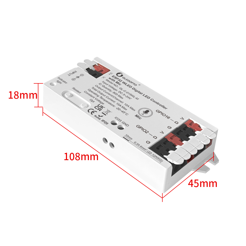 GLEDOPTO GL-C-015WL-D ESP32 WLED Digital LED Controller with Mic & UART, Dual-Output Addressable LED Controller, DC5–24V 15A, WiFi WLED for WS2812B SK6812 WS2815 WS2811 TM1814 SPI Pixel LED Strip, Home Assistant / Alexa,Whymelighting – Pro LED Strips & Diffused Blocks, Factory Direct,GLEDOPTO GL-C-015WL-D ESP32 WLED Digital LED Controller with Mic & UART, Dual-Output Addressable LED Controller, DC5–24V 15A, WiFi WLED for WS2812B SK6812 WS2815 WS2811 TM1814 SPI Pixel LED Strip, Home Assistant / A