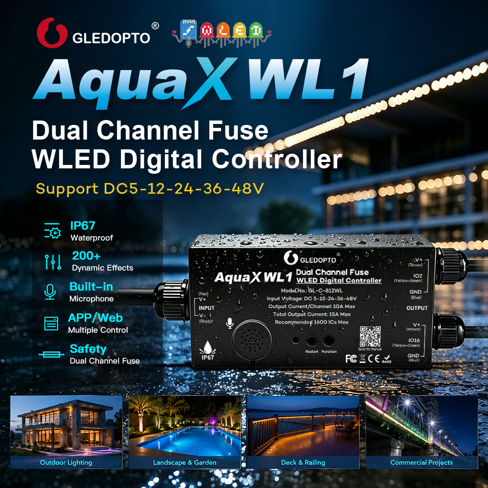 GLEDOPTO GL-C-812WL Dual-Channel WLED LED Controller with Fuse, ESP32 WiFi Addressable LED Controller, DC5–24V for WS2812B SK6812 WS2815 TM1814 SPI Pixel LED Strip,Whymelighting – Pro LED Strips & Diffused Blocks, Factory Direct,GLEDOPTO GL-C-812WL Dual-Channel WLED LED Controller with Fuse, ESP32 WiFi Addressable LED Controller, DC5–24V for WS2812B SK6812 WS2815 TM1814 SPI Pixel LED Strip