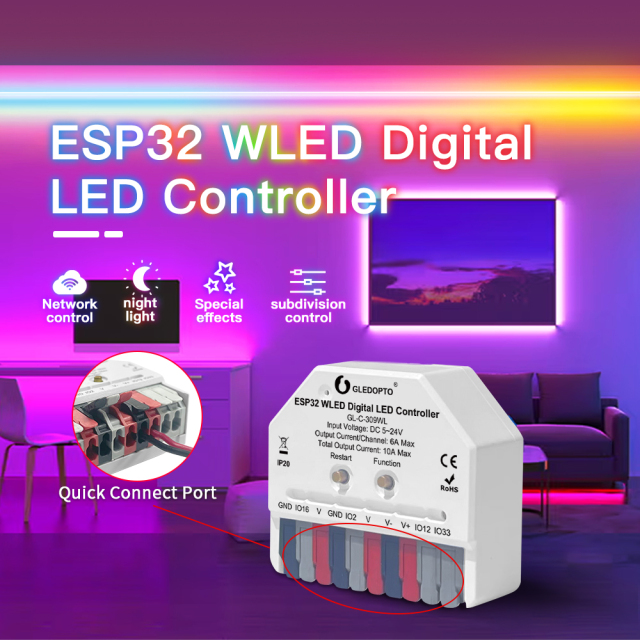 GLEDOPTO GL-C-310WL ESP32 WLED Ultra-Mini Digital LED Controller, WiFi Addressable LED Controller with Mic, DC5–24V 10A, 2-Channel SPI for WS2812B SK6812 WS2815 WS2811 TM1814 Pixel LED Strip, Fit in Wall Box,Whymelighting – Pro LED Strips & Diffused Blocks, Factory Direct,GLEDOPTO GL-C-310WL ESP32 WLED Ultra-Mini Digital LED Controller, WiFi Addressable LED Controller with Mic, DC5–24V 10A, 2-Channel SPI for WS2812B SK6812 WS2815 WS2811 TM1814 Pixel LED Strip, Fit in Wall Box