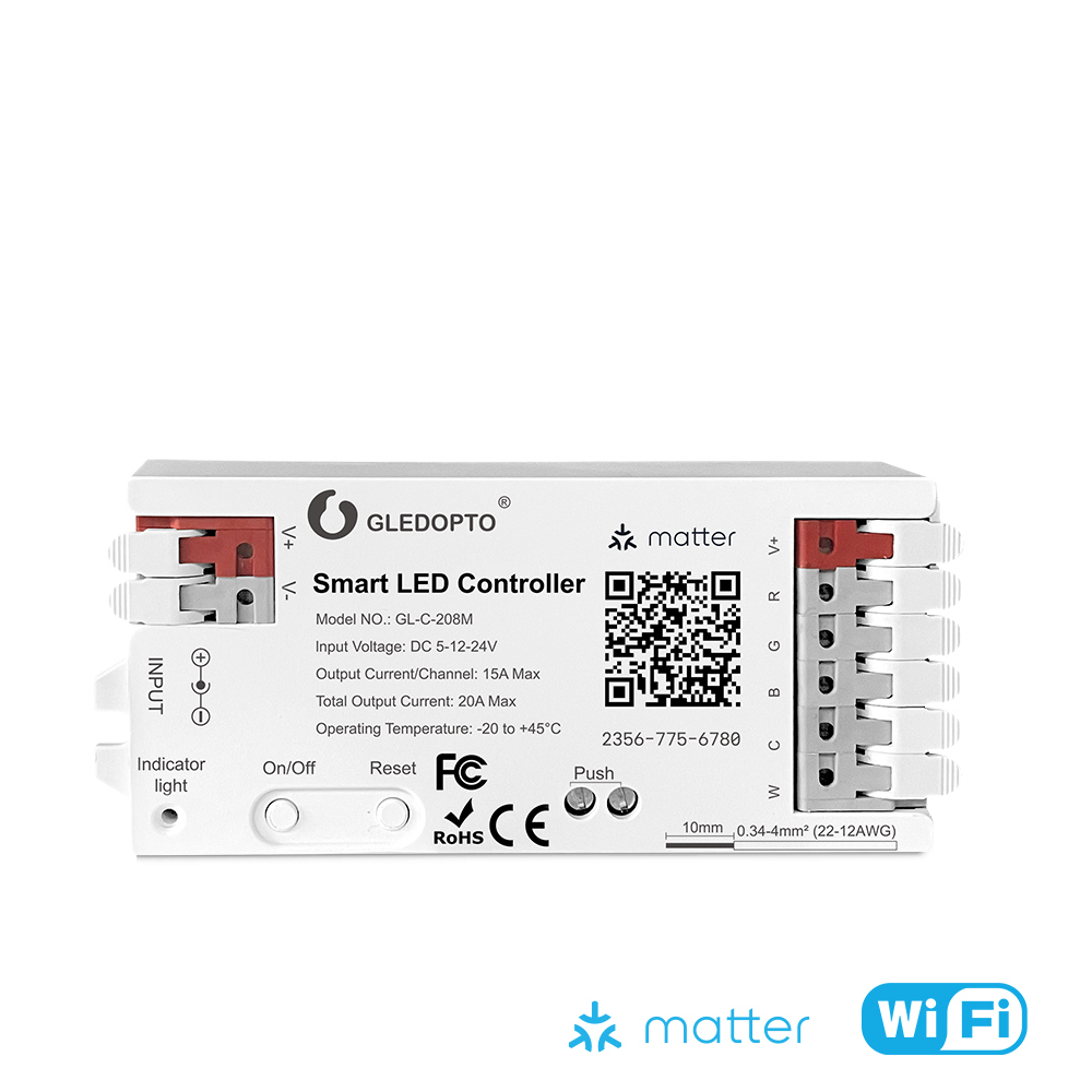 GLEDOPTO GL-C-208M ACK Matter RGBCCT LED Controller, DC5–24V 20A WiFi Matter PWM Controller, RGBCCT LED Strip for Apple Home / Alexa / Google Home, V+R+G+B+C+W Output,Whymelighting – Pro LED Strips & Diffused Blocks, Factory Direct,GLEDOPTO GL-C-208M ACK Matter RGBCCT LED Controller, DC5–24V 20A WiFi Matter PWM Controller, RGBCCT LED Strip for Apple Home / Alexa / Google Home, V+R+G+B+C+W Output