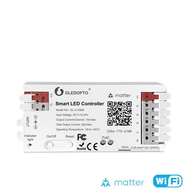 GLEDOPTO GL-C-208M ACK Matter RGBCCT LED Controller, DC5–24V 20A WiFi Matter PWM Controller, RGBCCT LED Strip for Apple Home / Alexa / Google Home, V+R+G+B+C+W Output,Whymelighting – Pro LED Strips & Diffused Blocks, Factory Direct,GLEDOPTO GL-C-208M ACK Matter RGBCCT LED Controller, DC5–24V 20A WiFi Matter PWM Controller, RGBCCT LED Strip for Apple Home / Alexa / Google Home, V+R+G+B+C+W Output