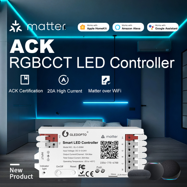 GLEDOPTO GL-C-208M ACK Matter RGBCCT LED Controller, DC5–24V 20A WiFi Matter PWM Controller, RGBCCT LED Strip for Apple Home / Alexa / Google Home, V+R+G+B+C+W Output,Whymelighting – Pro LED Strips & Diffused Blocks, Factory Direct,GLEDOPTO GL-C-208M ACK Matter RGBCCT LED Controller, DC5–24V 20A WiFi Matter PWM Controller, RGBCCT LED Strip for Apple Home / Alexa / Google Home, V+R+G+B+C+W Output