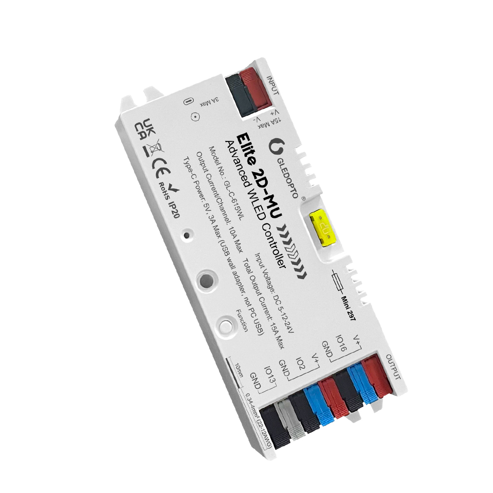 GLEDOPTO GL-C-615WL Elite 2D-MU Advanced WLED Controller, ESP32 Dual-Output Addressable LED Controller, WiFi Only, DC5–24V 15A Relay + 20A Fuse + Mic, for WS2812B SK6812 WS2815 TM1814 SPI Pixel LED Strip,Whymelighting – Pro LED Strips & Diffused Blocks, Factory Direct,GLEDOPTO GL-C-615WL Elite 2D-MU Advanced WLED Controller, ESP32 Dual-Output Addressable LED Controller, WiFi Only, DC5–24V 15A Relay + 20A Fuse + Mic, for WS2812B SK6812 WS2815 TM1814 SPI Pixel LED Strip