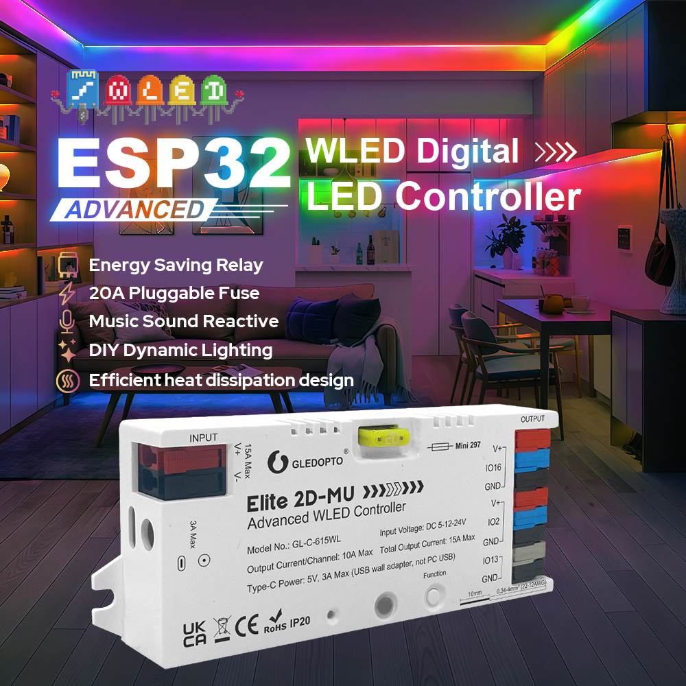GLEDOPTO GL-C-615WL Elite 2D-MU Advanced WLED Controller, ESP32 Dual-Output Addressable LED Controller, WiFi Only, DC5–24V 15A Relay + 20A Fuse + Mic, for WS2812B SK6812 WS2815 TM1814 SPI Pixel LED Strip,Whymelighting – Pro LED Strips & Diffused Blocks, Factory Direct,GLEDOPTO GL-C-615WL Elite 2D-MU Advanced WLED Controller, ESP32 Dual-Output Addressable LED Controller, WiFi Only, DC5–24V 15A Relay + 20A Fuse + Mic, for WS2812B SK6812 WS2815 TM1814 SPI Pixel LED Strip