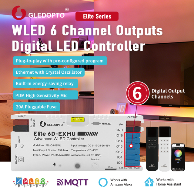 GLEDOPTO GL-C-619WL Elite 6D-EXMU Advanced WLED Controller, ESP32 6-Output Addressable LED Controller with Ethernet + WiFi, DC5–48V 15A 20A Fuse & Relay, for WS2812B SK6812 WS2815 TM1814 WS2805 RGBIC Pixel LED Strip,Whymelighting – Pro LED Strips & Diffused Blocks, Factory Direct,GLEDOPTO GL-C-619WL Elite 6D-EXMU Advanced WLED Controller, ESP32 6-Output Addressable LED Controller with Ethernet + WiFi, DC5–48V 15A 20A Fuse & Relay, for WS2812B SK6812 WS2815 TM1814 WS2805 RGBIC Pixel LED Strip